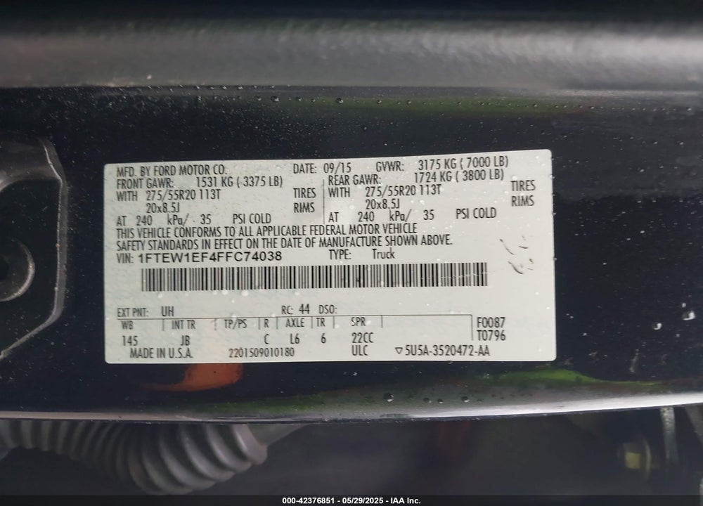 2015 FORD F-150 XLT VIN: 1FTEW1EF4FFC74038
