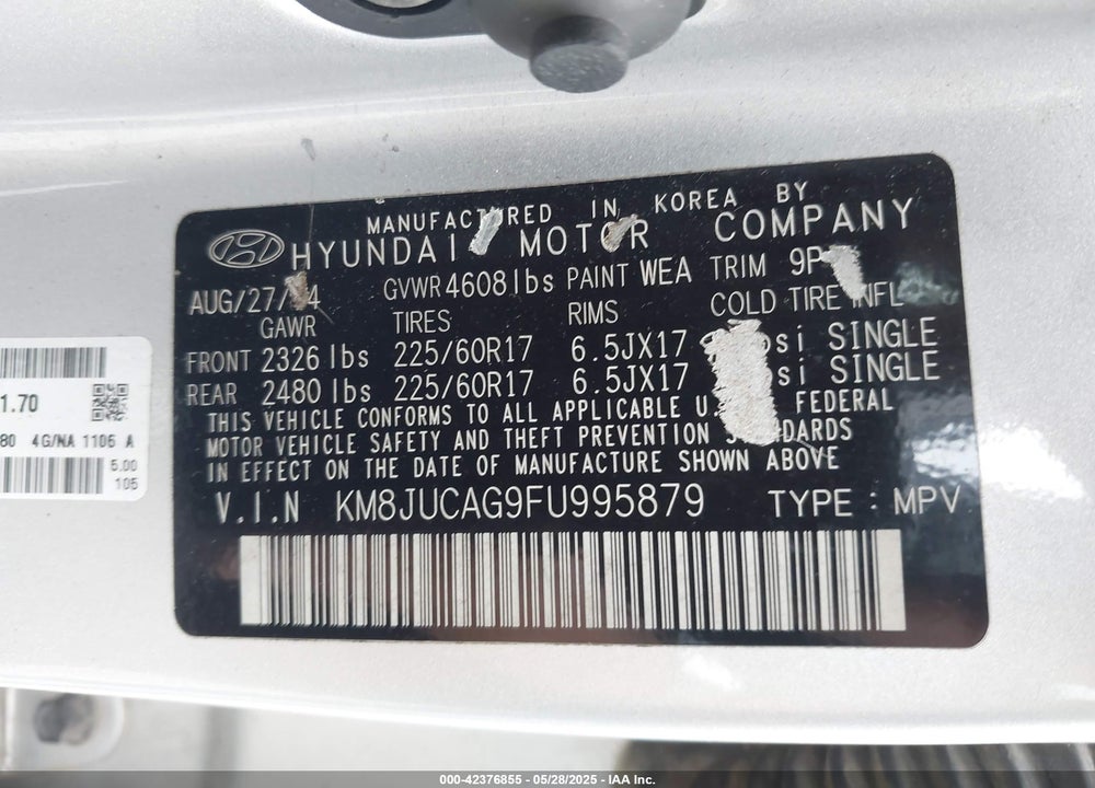 2015 HYUNDAI TUCSON SE VIN: KM8JUCAG9FU995879