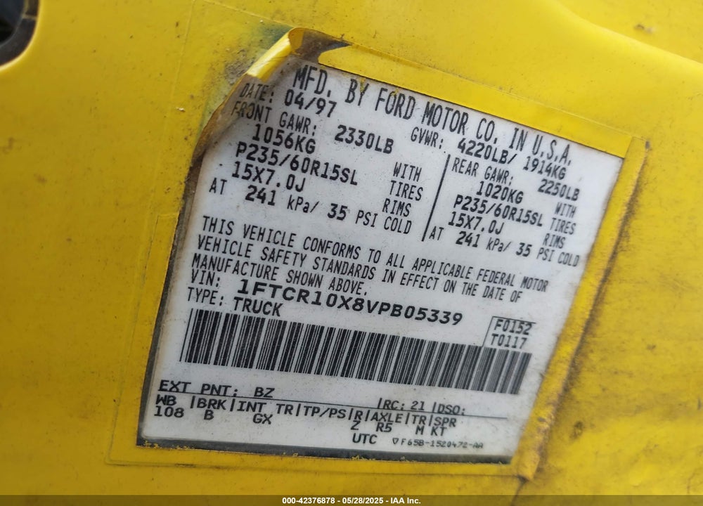 1997 FORD RANGER SPLASH/XL/XLT VIN: 1FTCR10X8VPB05339