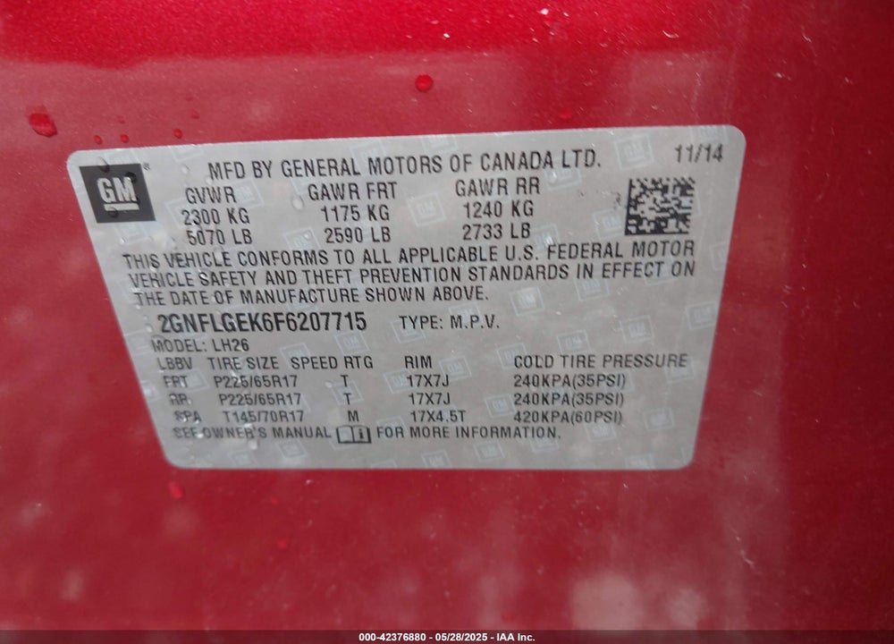 2015 CHEVROLET EQUINOX 2LT VIN: 2GNFLGEK6F6207715