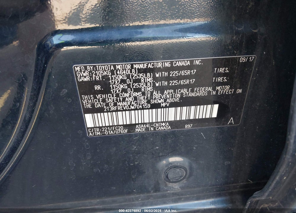 2018 TOYOTA RAV4 VIN: 2T3RFREV0JW704159