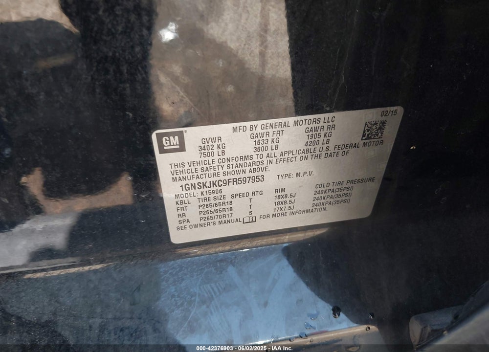 2015 CHEVROLET SUBURBAN 1500 VIN: 1GNSKJKC9FR597953