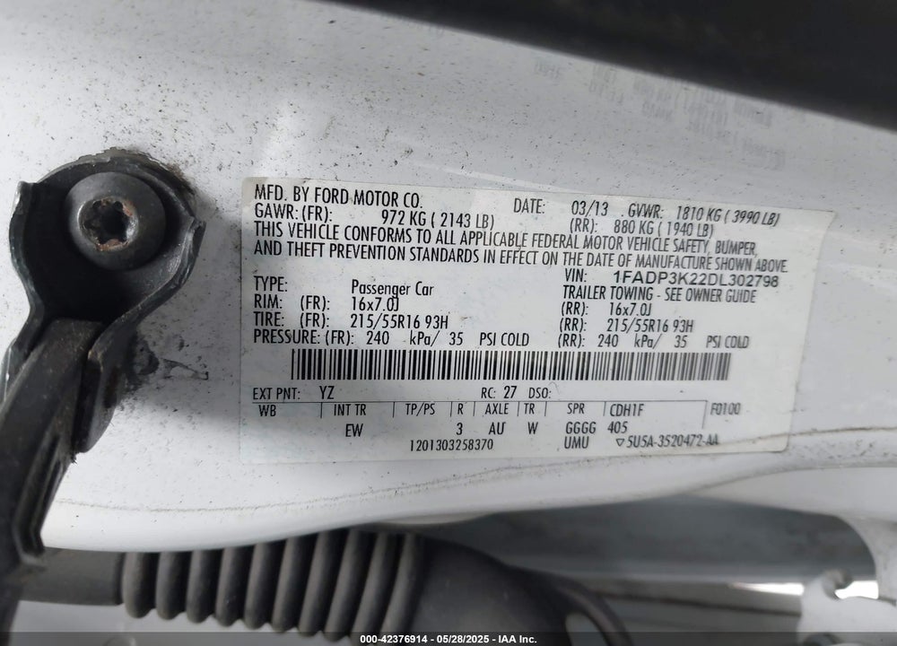 2013 FORD FOCUS SE VIN: 1FADP3K22DL302798