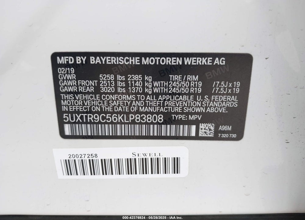 2019 BMW X3 VIN: 5UXTR9C56KLP83808