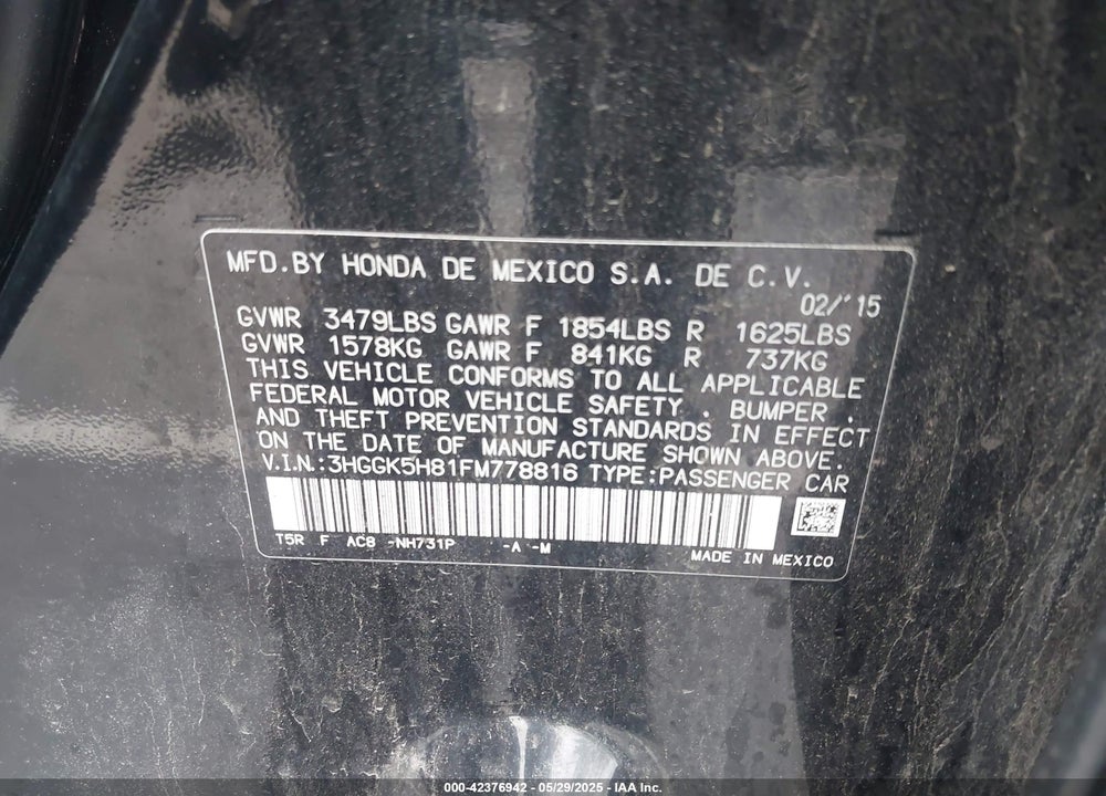 2015 HONDA FIT VIN: 3HGGK5H81FM778816