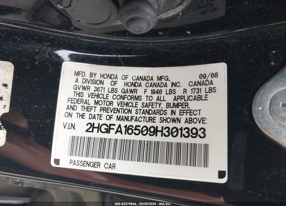 2009 HONDA CIVIC VIN: 2HGFA16509H301393