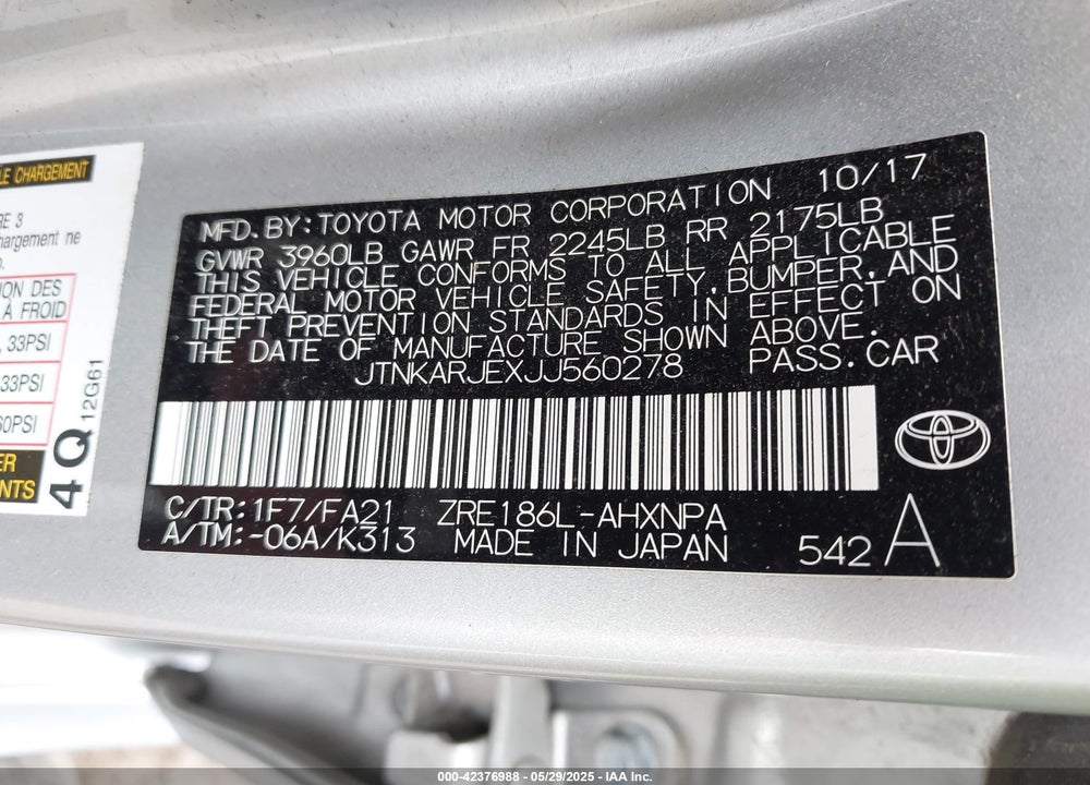 2018 TOYOTA COROLLA IM VIN: JTNKARJEXJJ560278
