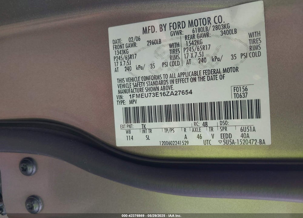 2006 FORD EXPLORER VIN: 1FMEU73E16ZA27654