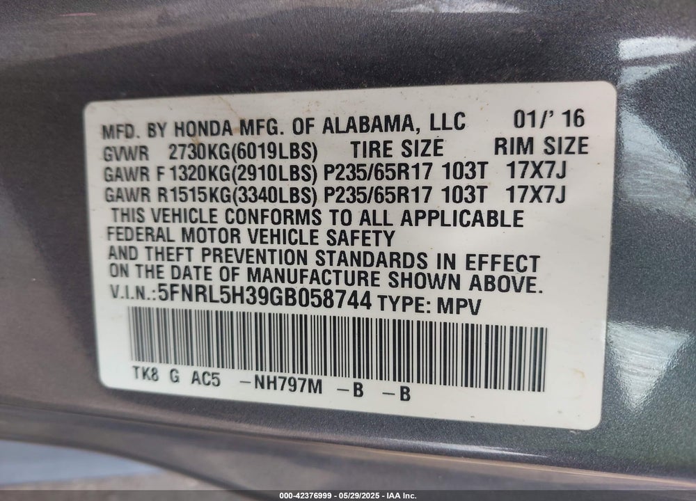 2016 HONDA ODYSSEY VIN: 5FNRL5H39GB058744