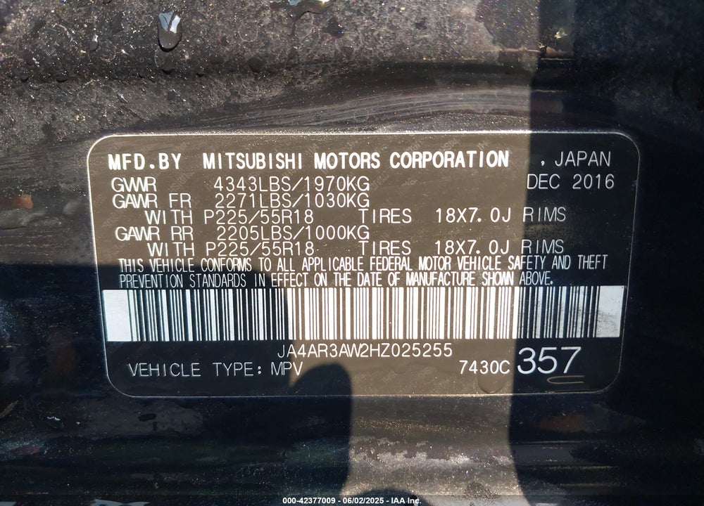 2017 MITSUBISHI OUTLANDER SPORT VIN: JA4AR3AW2HZ025255