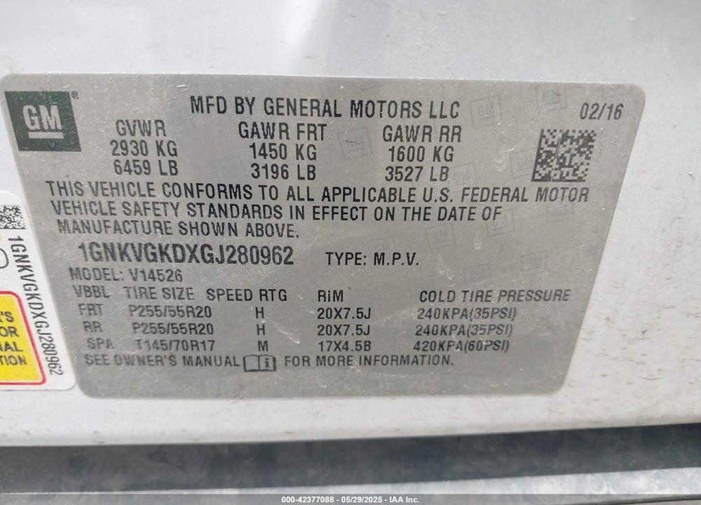 2016 CHEVROLET TRAVERSE VIN: 1GNKVGKDXGJ280962