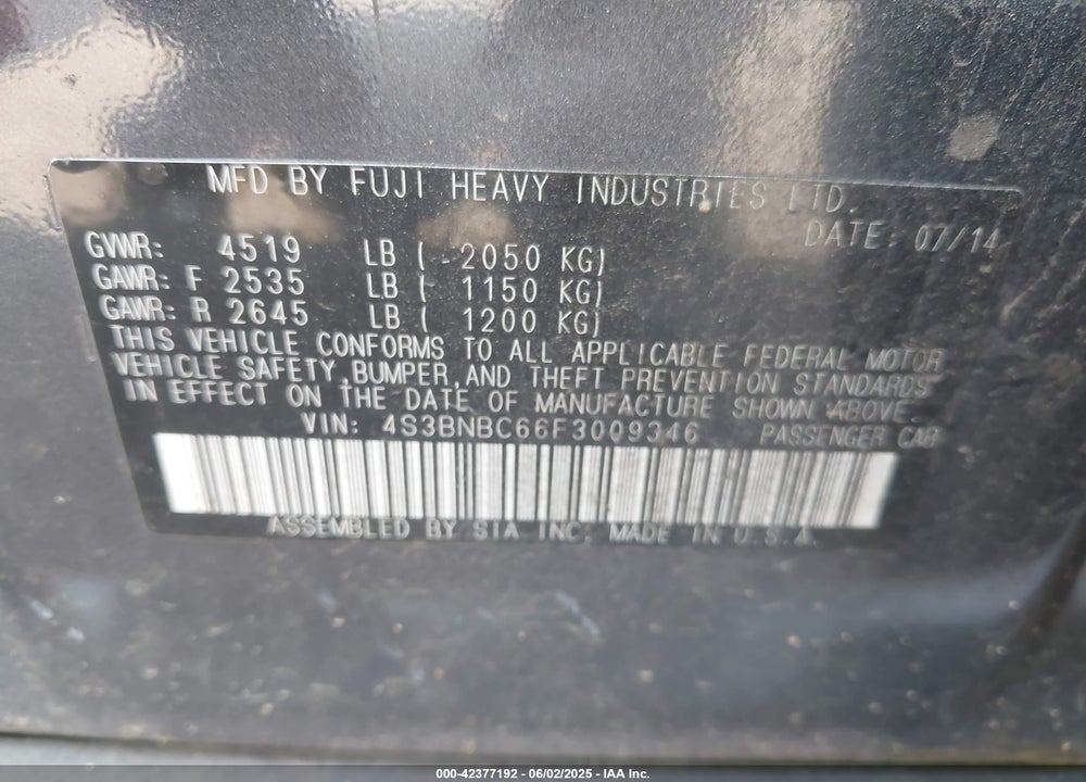 2015 SUBARU LEGACY VIN: 4S3BNBC66F3009346