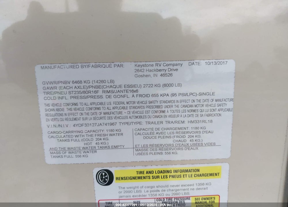 2018 KEYSTONE HIGH COUNTRY HM331RL VIN: 4YDF33127JA741967