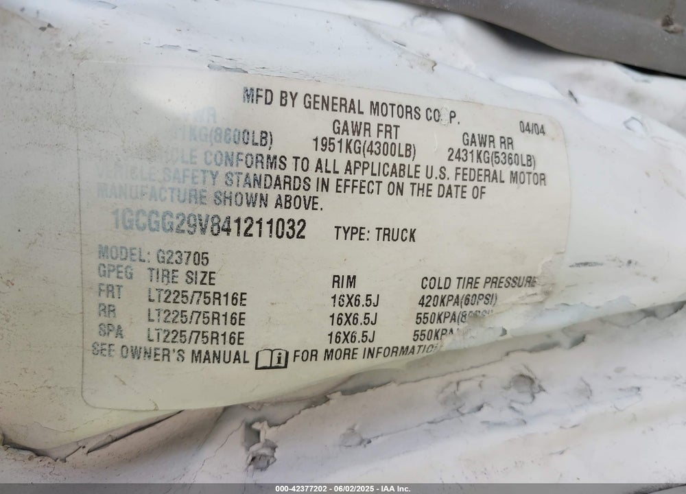 2004 CHEVROLET EXPRESS VIN: 1GCGG29V841211032