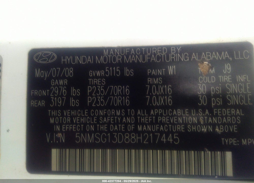 2008 HYUNDAI SANTA FE VIN: 5NMSG13D88H217445