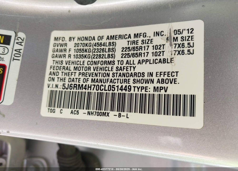2012 HONDA CR-V VIN: 5J6RM4H70CL051449
