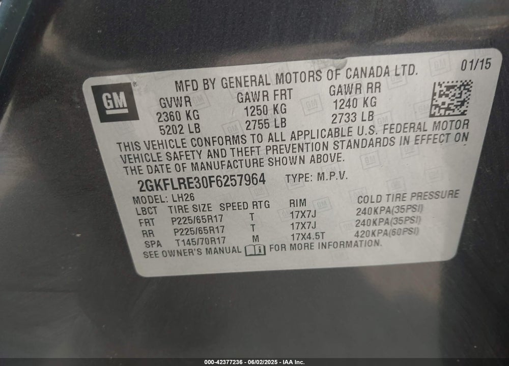2015 GMC TERRAIN VIN: 2GKFLRE30F6257964