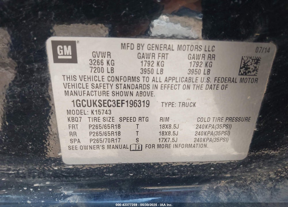 2014 CHEVROLET SILVERADO 1500 VIN: 1GCUKSEC3EF196319