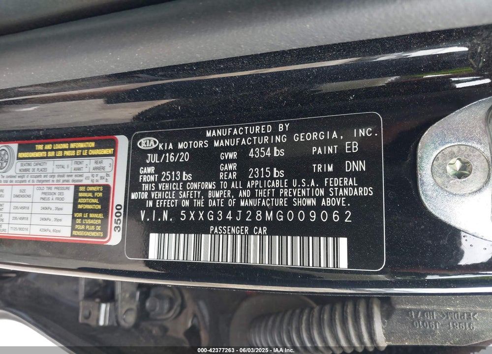 2021 KIA K5 VIN: 5XXG34J28MG009062