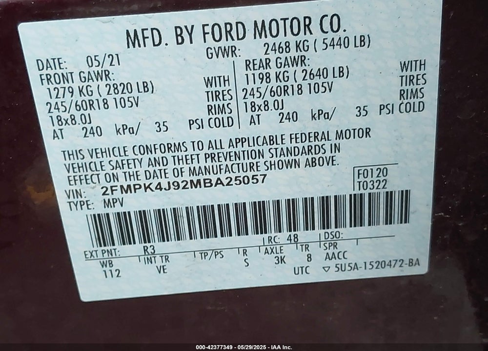 2021 FORD EDGE VIN: 2FMPK4J92MBA25057