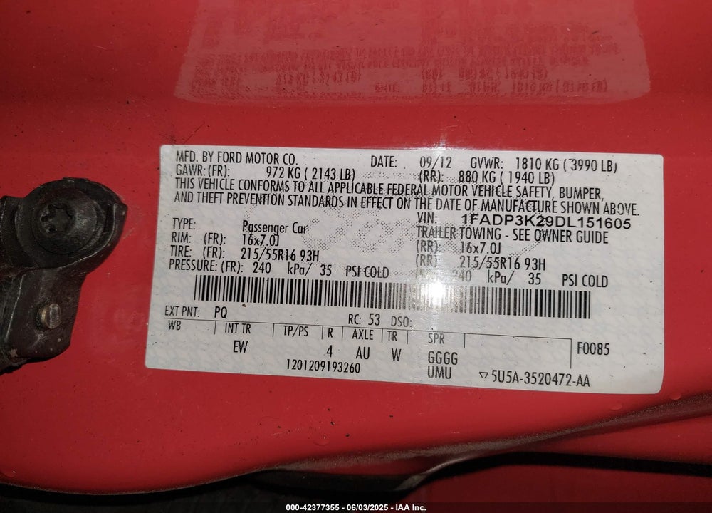 2013 FORD FOCUS VIN: 1FADP3K29DL151605