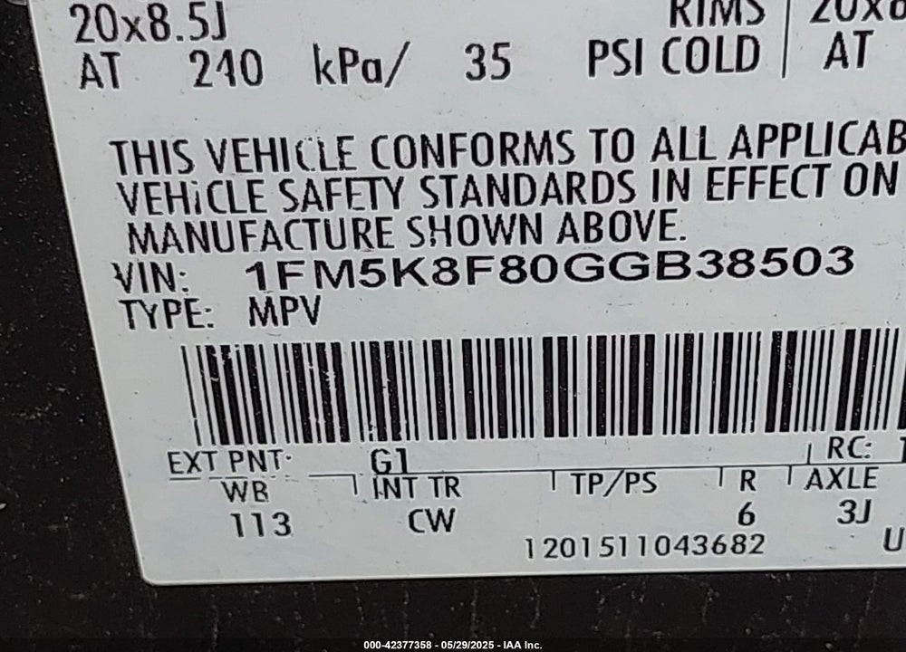 2016 FORD EXPLORER LIMITED VIN: 1FM5K8F80GGB38503