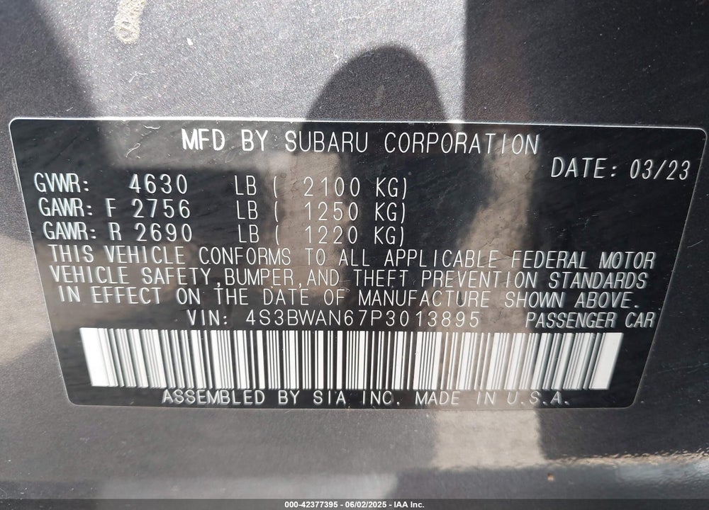 2023 SUBARU LEGACY VIN: 4S3BWAN67P3013895