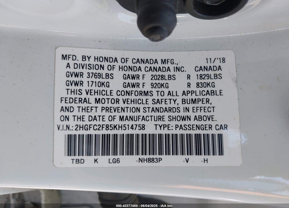 2019 HONDA CIVIC VIN: 2HGFC2F85KH514758
