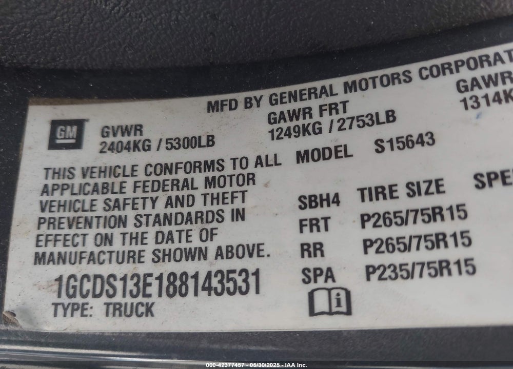 2008 CHEVROLET COLORADO LT VIN: 1GCDS13E188143531