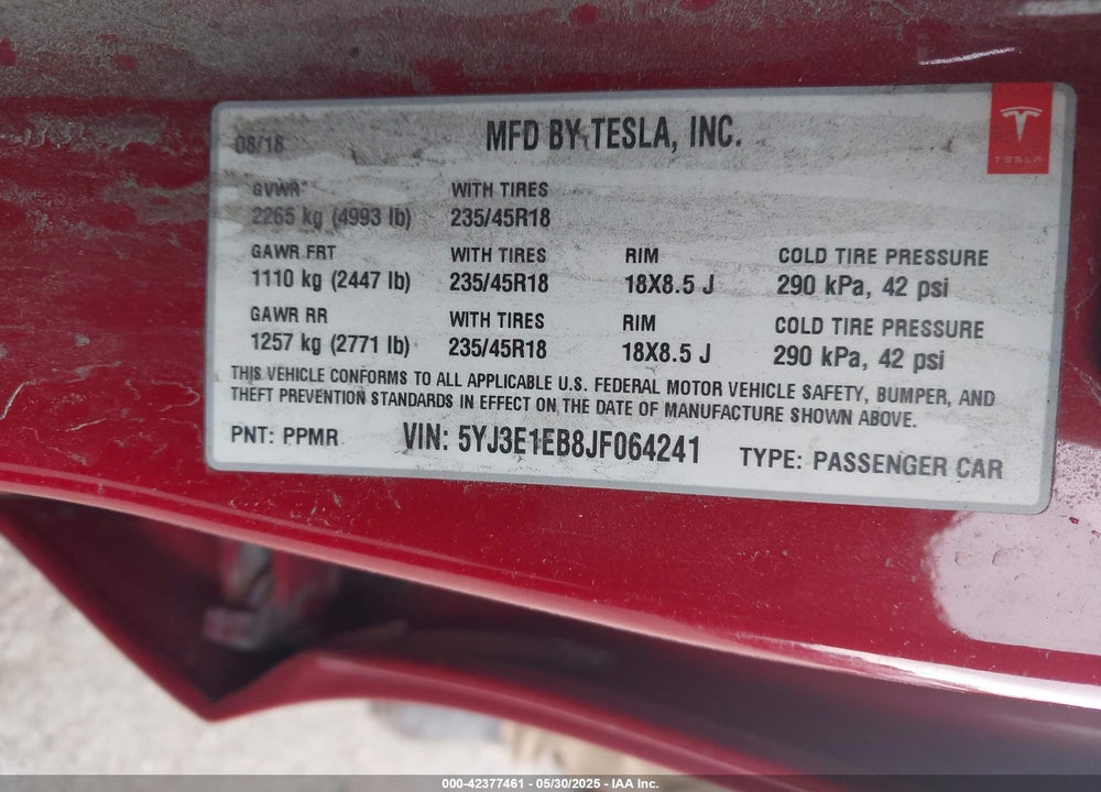 2018 TESLA MODEL 3 LONG RANGE/PERFORMANCE VIN: 5YJ3E1EB8JF064241
