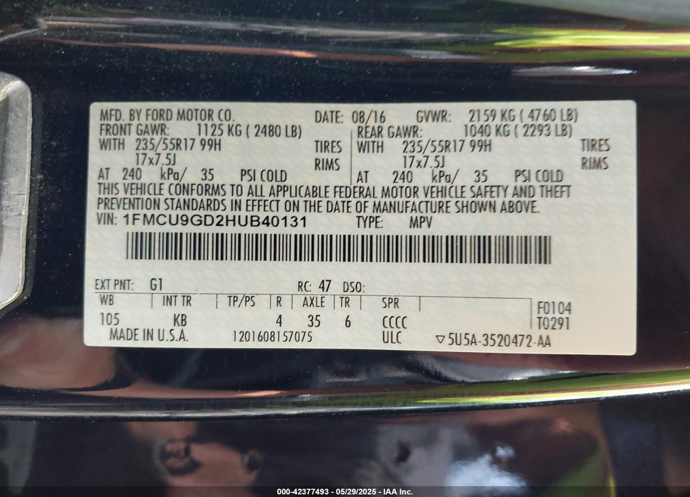 2017 FORD ESCAPE VIN: 1FMCU9GD2HUB40131