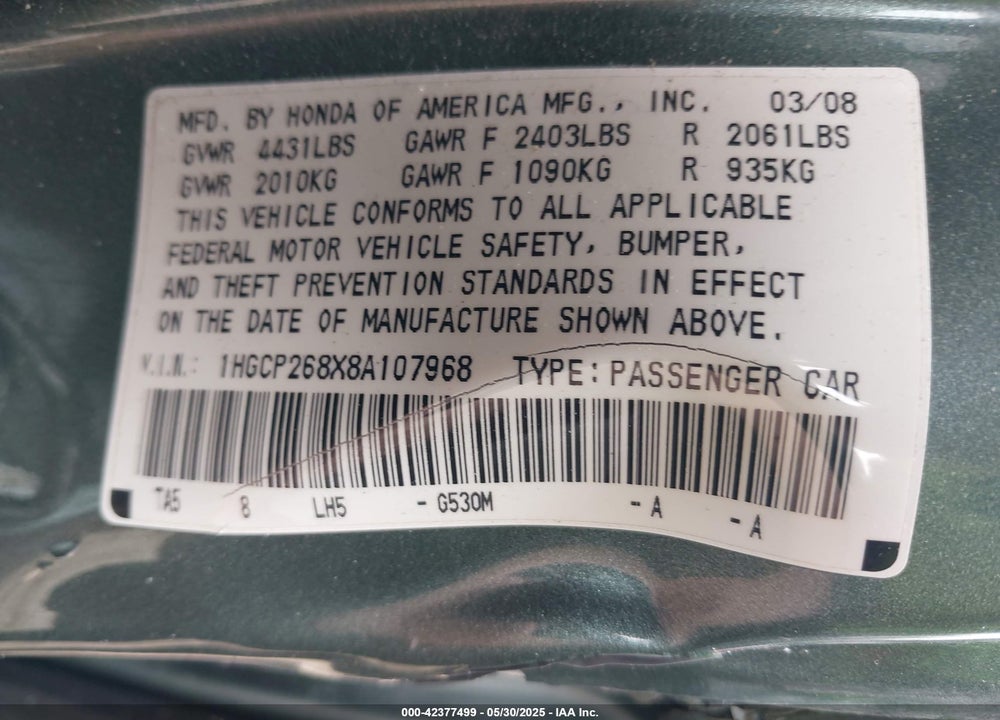 2008 HONDA ACCORD 2.4 EX-L VIN: 1HGCP268X8A107968
