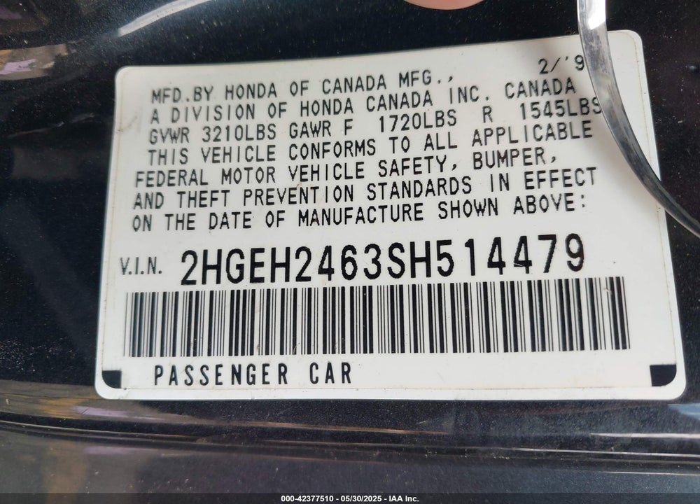 1995 HONDA CIVIC DX VIN: 2HGEH2463SH514479