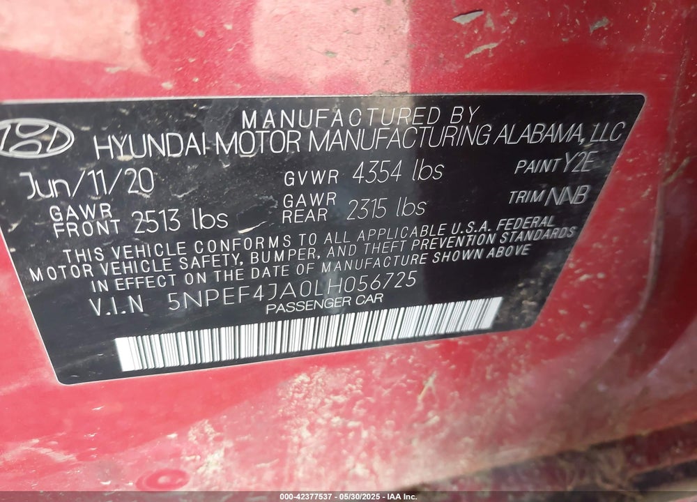 2020 HYUNDAI SONATA VIN: 5NPEF4JA0LH056725