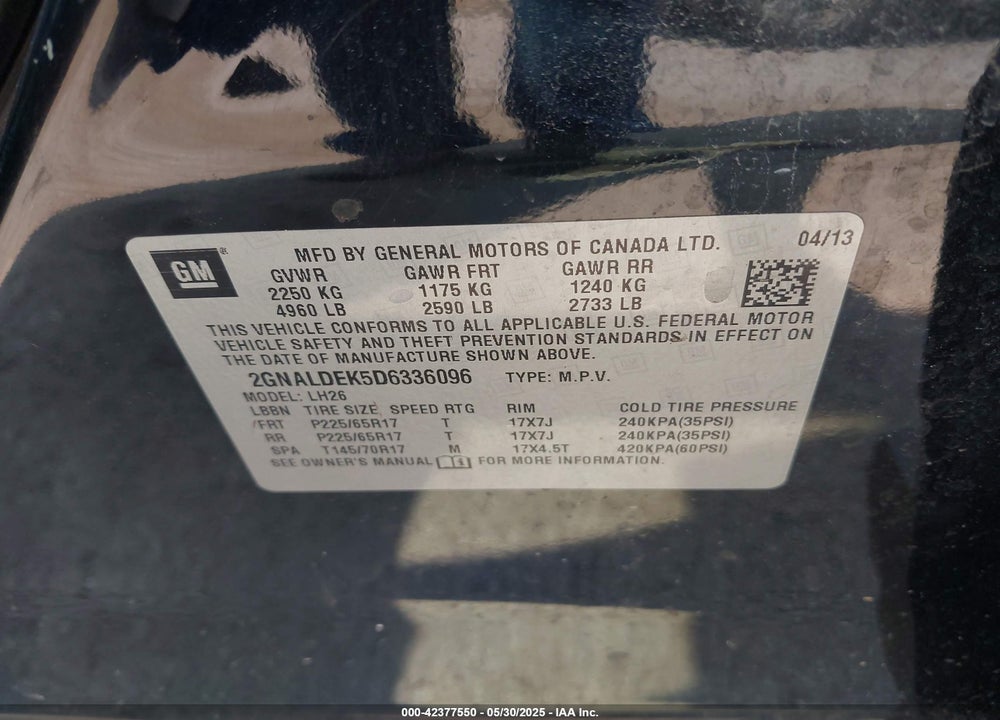 2013 CHEVROLET EQUINOX VIN: 2GNALDEK5D6336096