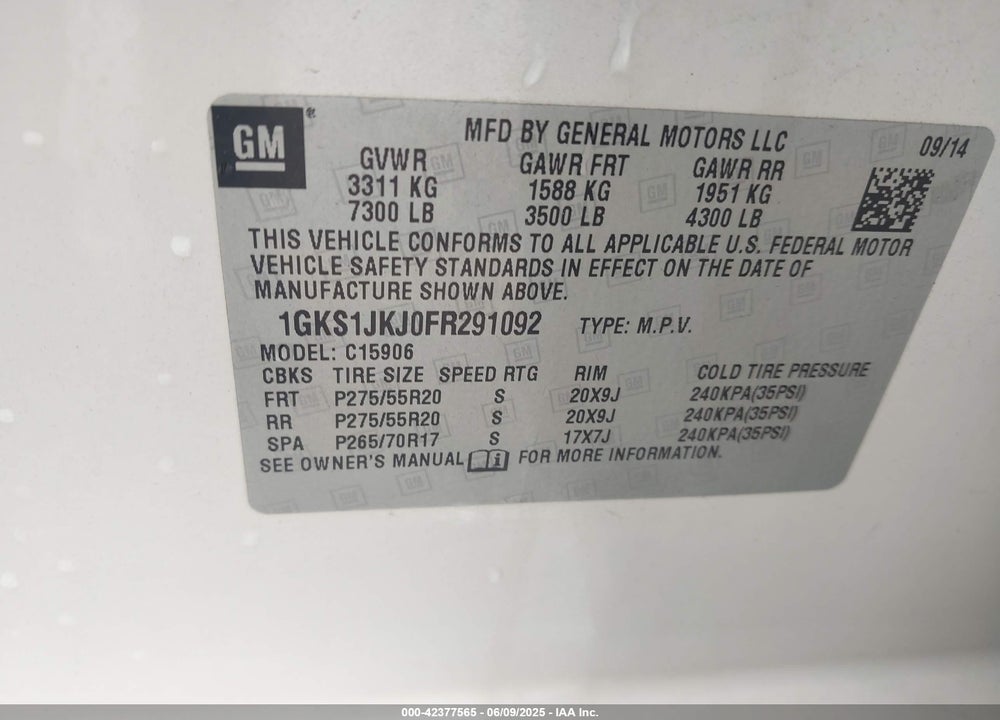 2015 GMC YUKON XL 1500 VIN: 1GKS1JKJ0FR291092