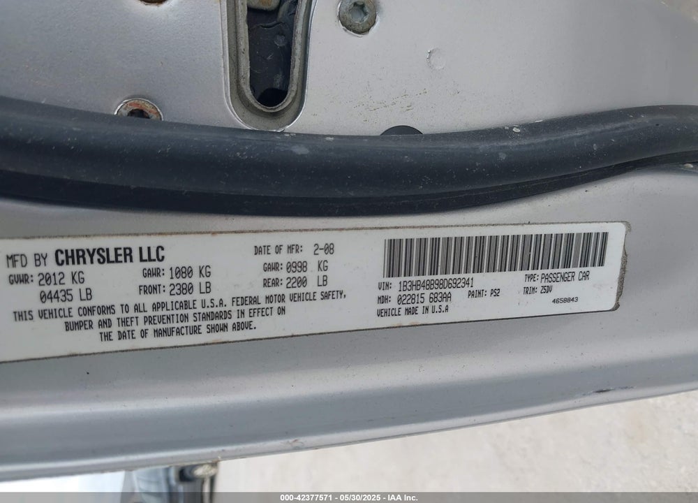 2008 DODGE CALIBER VIN: 1B3HB48B98D692341