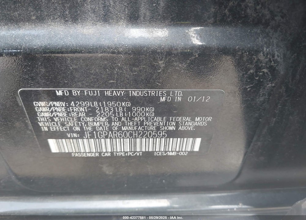 2012 SUBARU IMPREZA 2.0I SPORT LIMITED VIN: JF1GPAR60CH220595