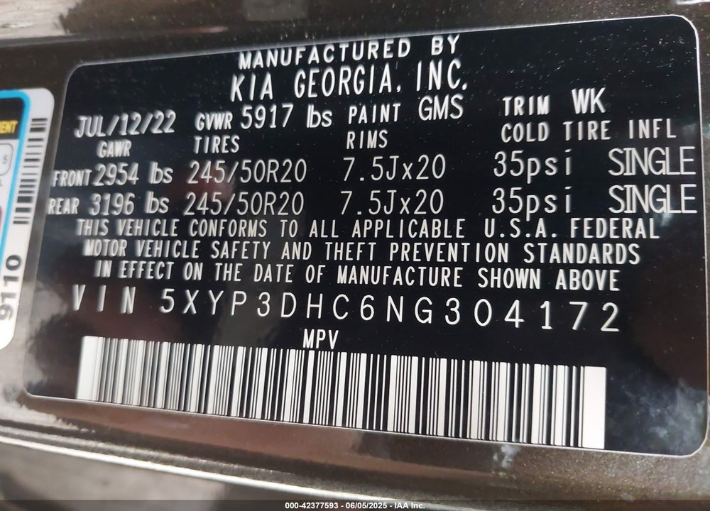 2022 KIA TELLURIDE VIN: 5XYP3DHC6NG304172