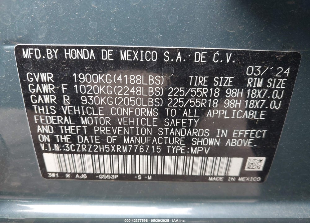 2024 HONDA HR-V AWD SPORT/AWD SPORT W/O BSI VIN: 3CZRZ2H5XRM776715