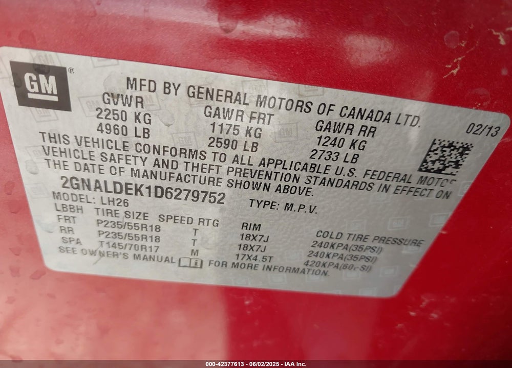 2013 CHEVROLET EQUINOX 1LT VIN: 2GNALDEK1D6279752