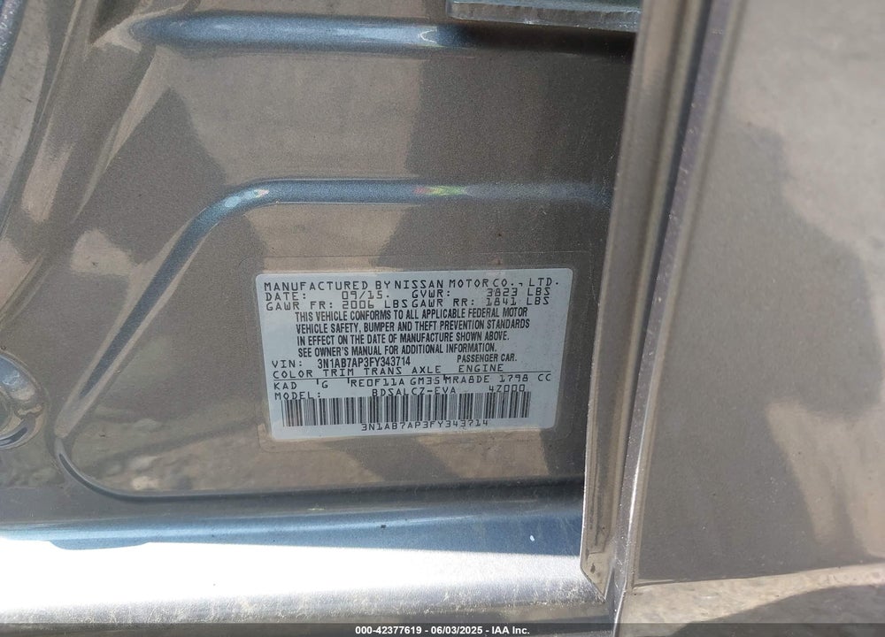 2015 NISSAN SENTRA VIN: 3N1AB7AP3FY343714
