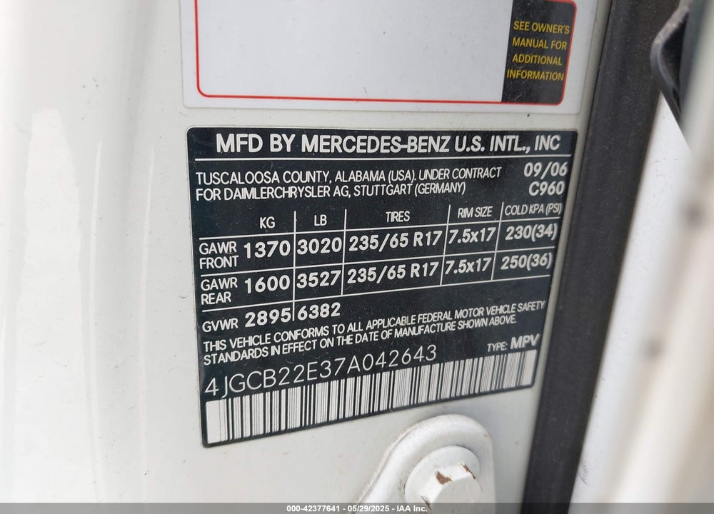2007 MERCEDES-BENZ R 320 CDI 4MATIC VIN: 4JGCB22E37A042643