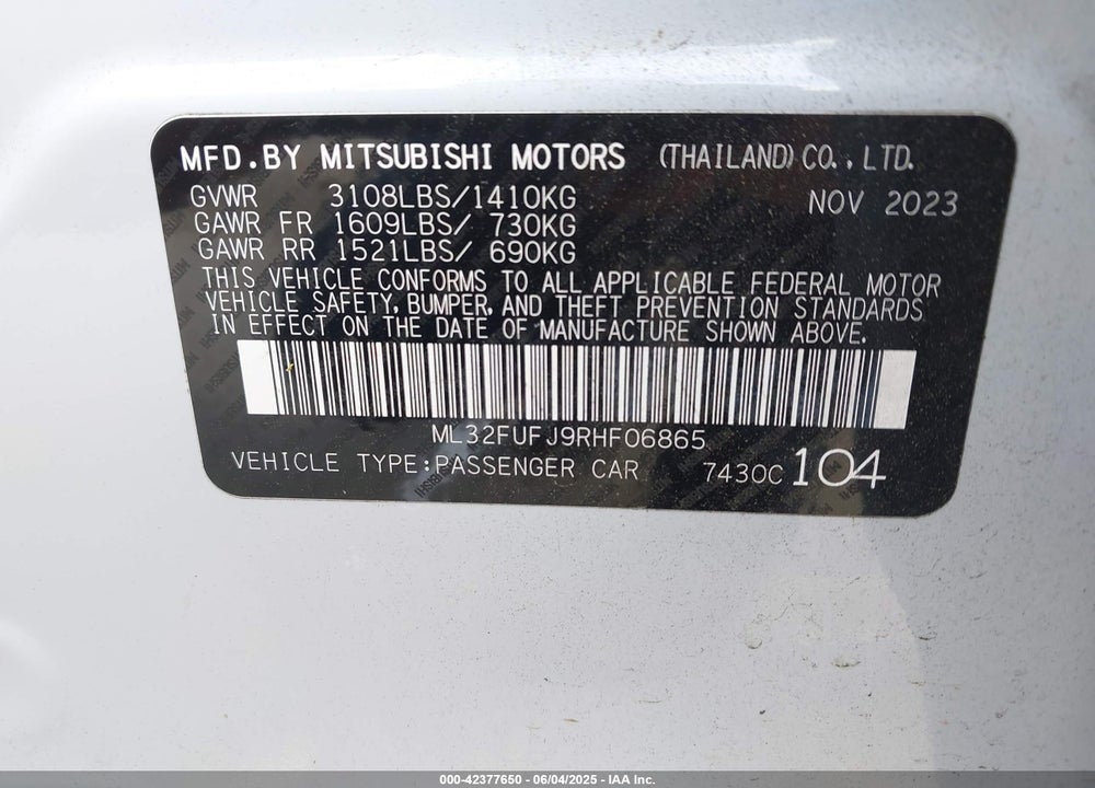 2024 MITSUBISHI MIRAGE G4 ES VIN: ML32FUFJ9RHF06865