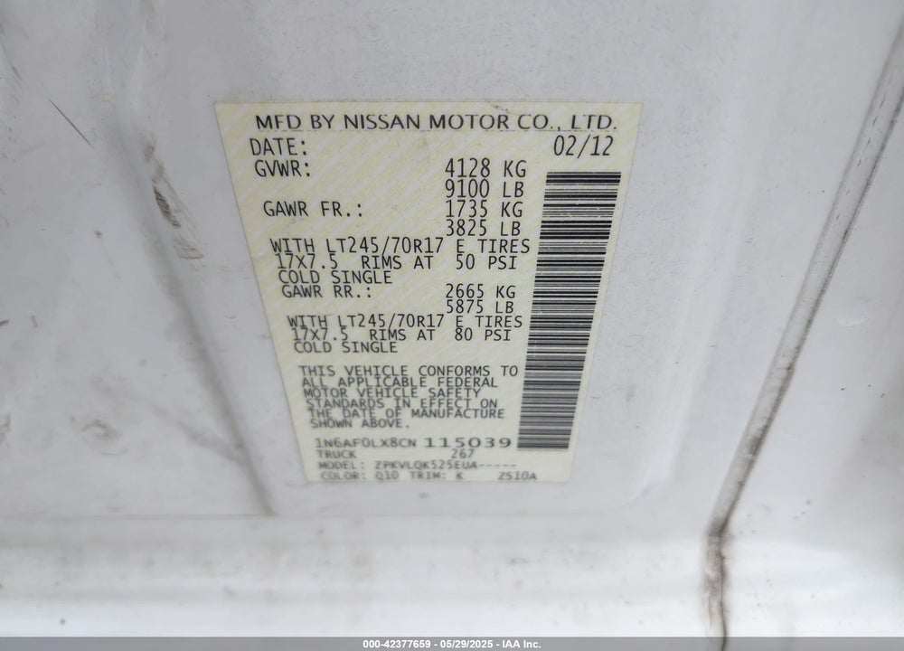 2012 NISSAN NV 2500 NV2500 HD S V8 VIN: 1N6AF0LX8CN115039