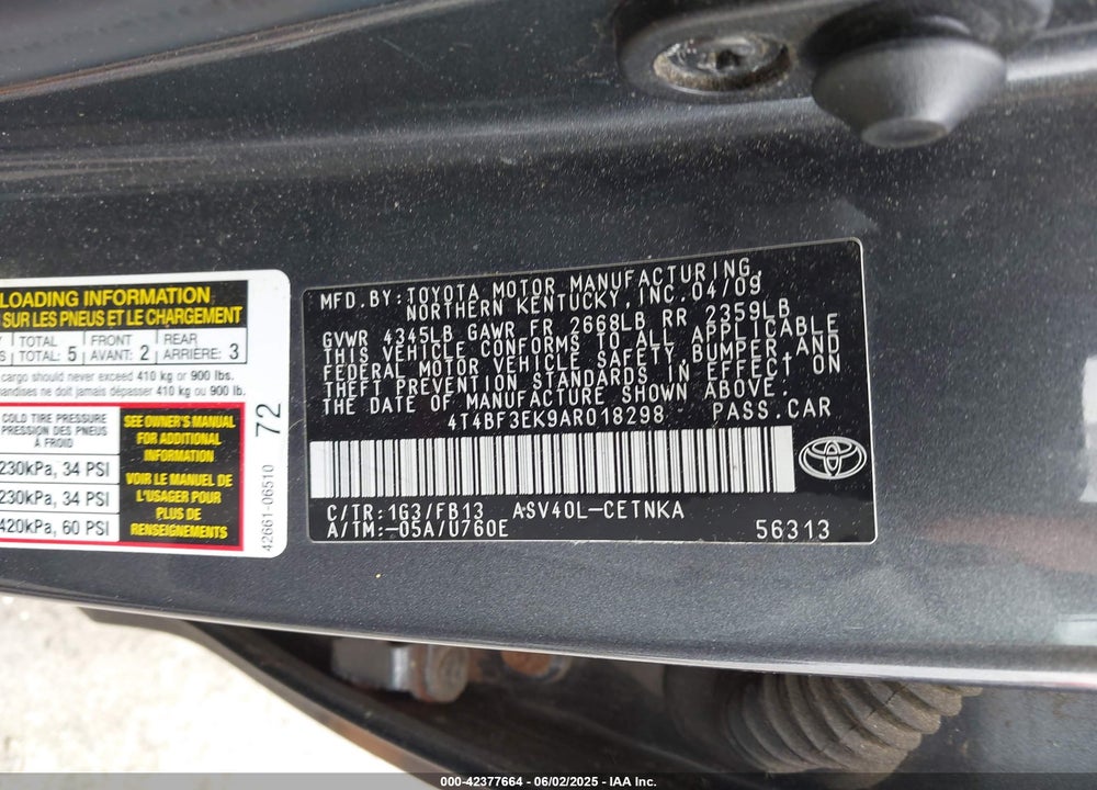 2010 TOYOTA CAMRY VIN: 4T4BF3EK9AR018298