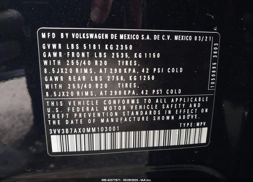 2021 VOLKSWAGEN TIGUAN VIN: 3VV3B7AX0MM103001