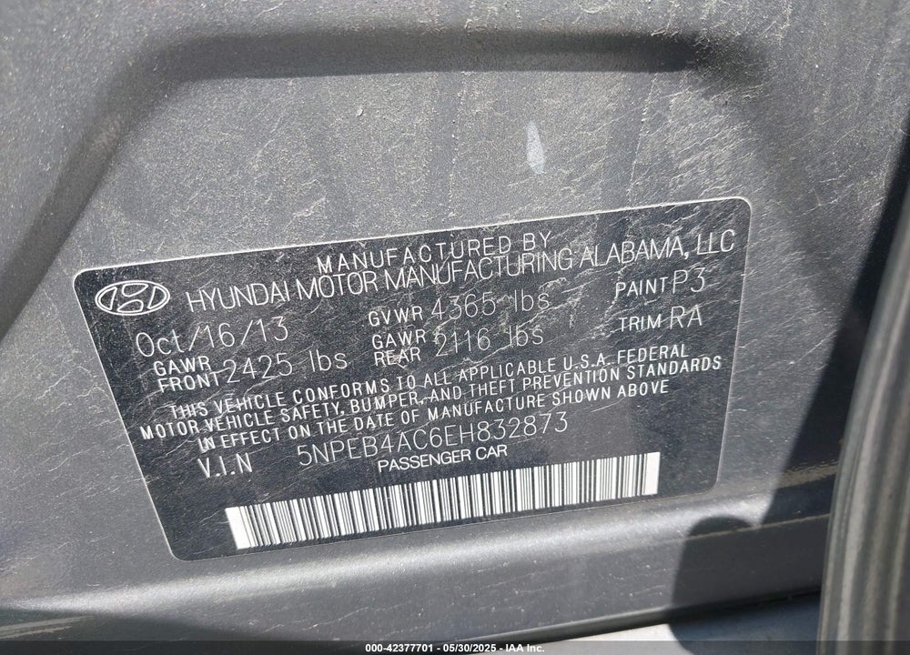 2014 HYUNDAI SONATA VIN: 5NPEB4AC6EH832873