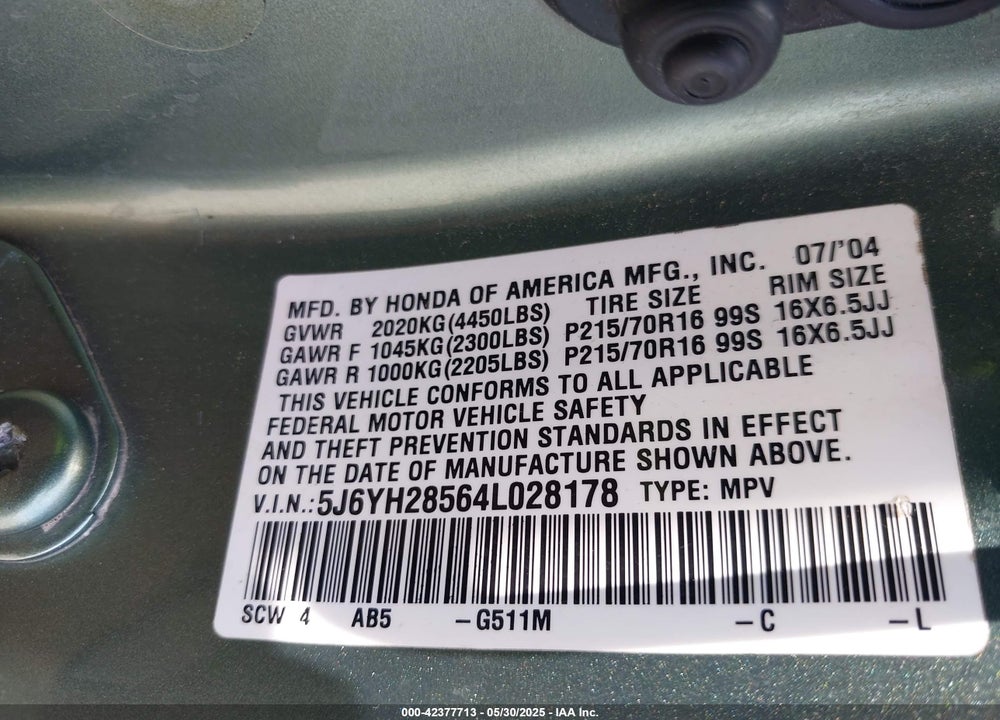 2004 HONDA ELEMENT EX VIN: 5J6YH28564L028178