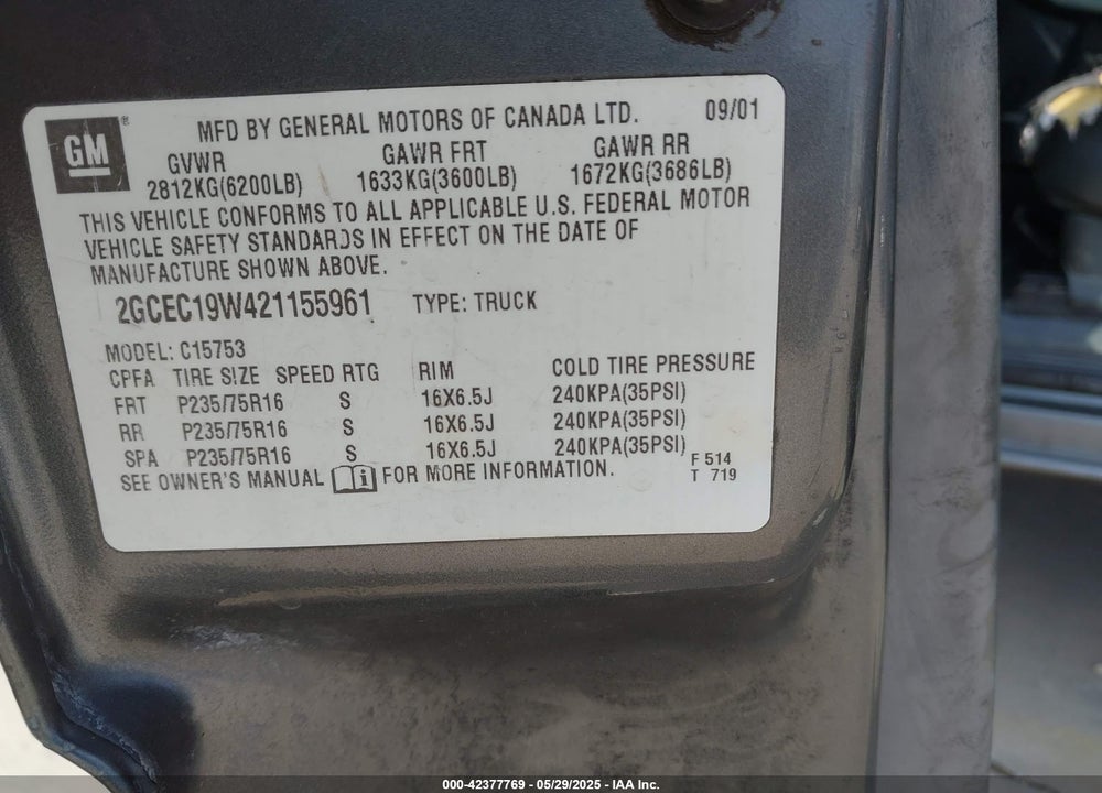 2002 CHEVROLET SILVERADO 1500 VIN: 2GCEC19W421155961